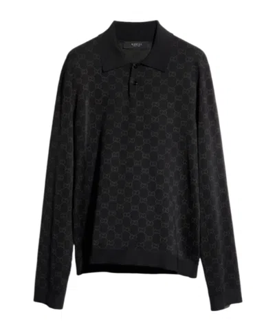 Gucci Viscose Gg Jacquard Polo Shirt In Black