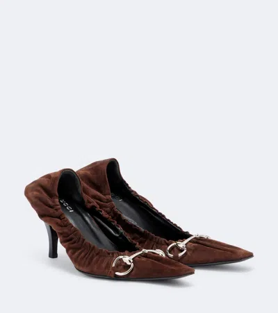 Gucci Vittoria Horsebit Suede Pumps In Brown