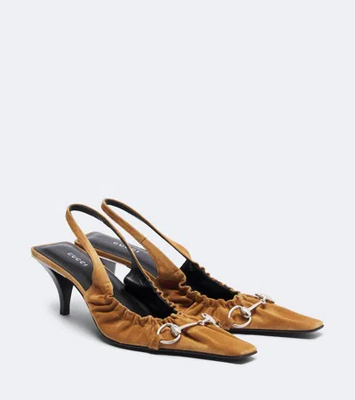 Gucci Vittoria Horsebit Suede Slingback Pumps In Brown