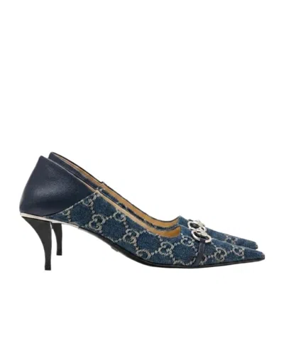 Gucci Vittoria Leather-trimmed Denim Pumps In Blue