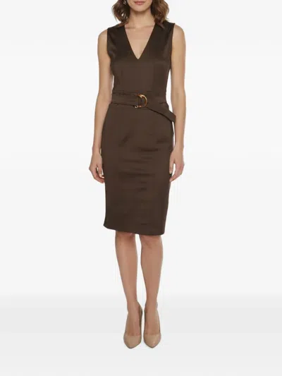 Pre-owned Gucci V-neck Belted Midi Dress In Brown