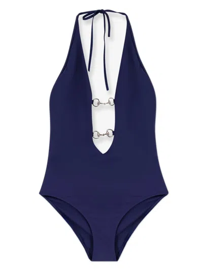 Gucci V-neck Horsebit Tail Blouse With Ties In Blue