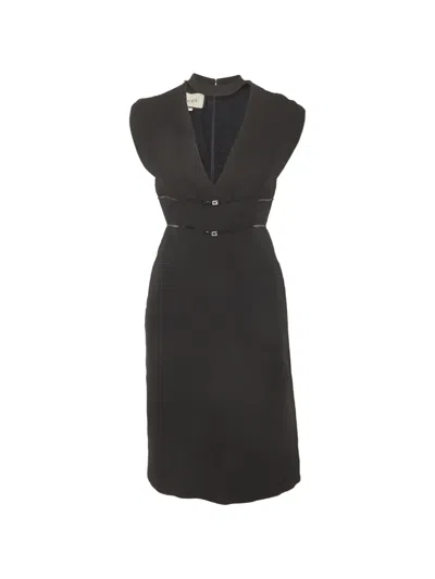 Pre-owned Gucci V-neck Leather-trim Dress In Black