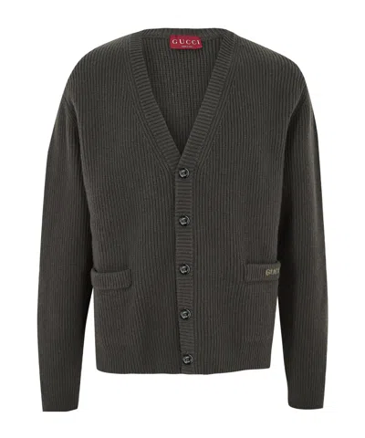 Gucci V-neck Ribbed Knit Cardigan In Black
