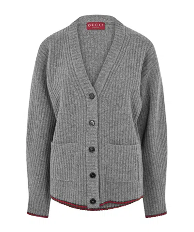 Gucci V-neck Ribbed Knit Cardigan In Gray