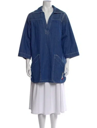 Pre-owned Gucci V-neck Three-quarter Sleeve Tunic In Blue