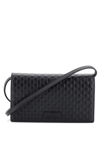 Pre-owned Gucci Wallet On Strap Microssima Leather Crossbody Bag In Black
