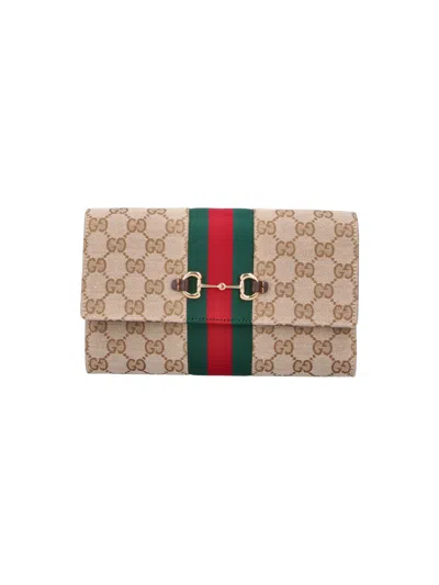 Gucci Wallet With Shoulder Strap "horsebit Web" In Sand