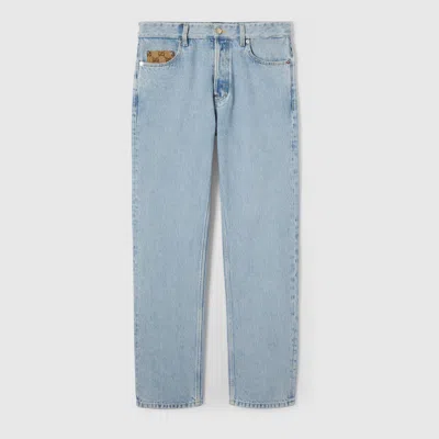 Gucci Washed Denim Pant With Gg Insert In Blue
