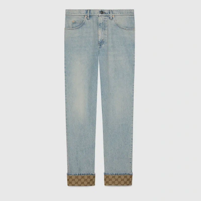 Gucci Washed Denim Pant With Gg Turn Ups In Blue