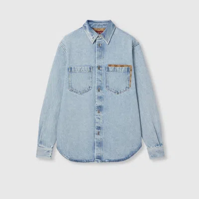 Gucci Washed Denim Shirt With Gg Insert In Blue