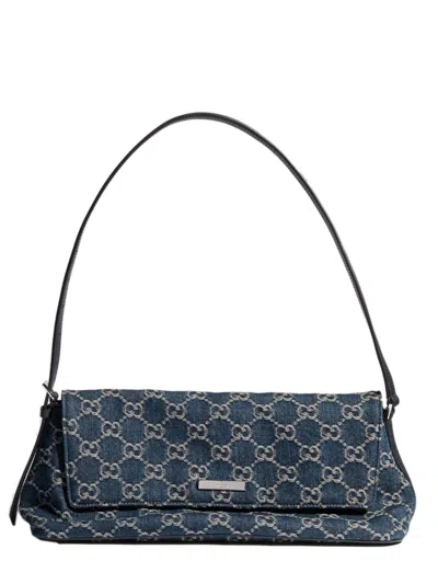 Gucci Washed Gg Denim Shoulder Bag, 13 Cm X 31 Cm X 11.5 Cm With Adjustable Leather Strap In Blu