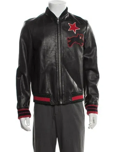 Pre-owned Gucci Web Accent Calf Leather Bomber Jacket In Black
