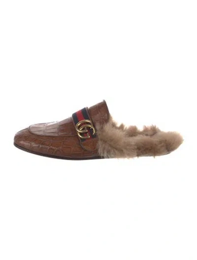 Pre-owned Gucci Web Accent Crocodile Slippers In Brown