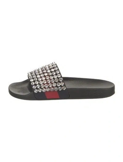 Pre-owned Gucci Web Accent Crystal Slides In Blue