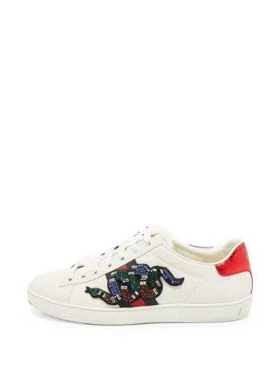 Pre-owned Gucci Web Accent Crystal-embellished Sneakers In White