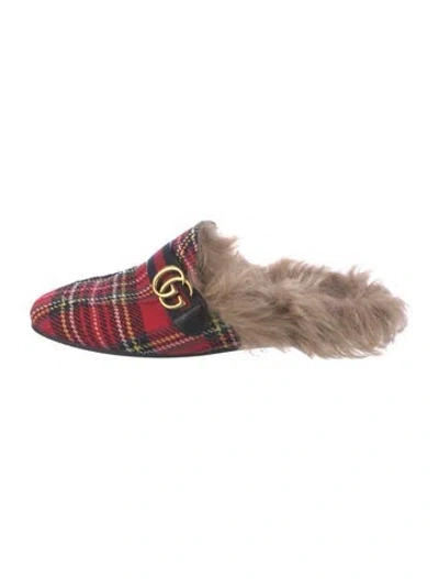 Pre-owned Gucci Web Accent Faux Fur Trim Slippers In Red