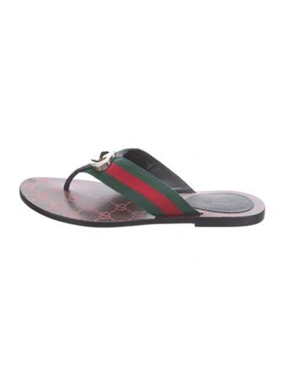 Pre-owned Gucci Web Accent Flip Flops In Brown/green/red