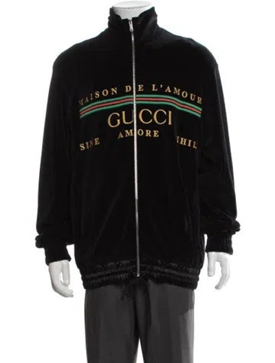 Pre-owned Gucci Web Accent Graphic Print Bomber Jacket In Black