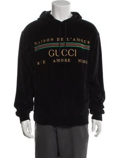 Pre-owned Gucci Web Accent Graphic Print Hoodie In Black