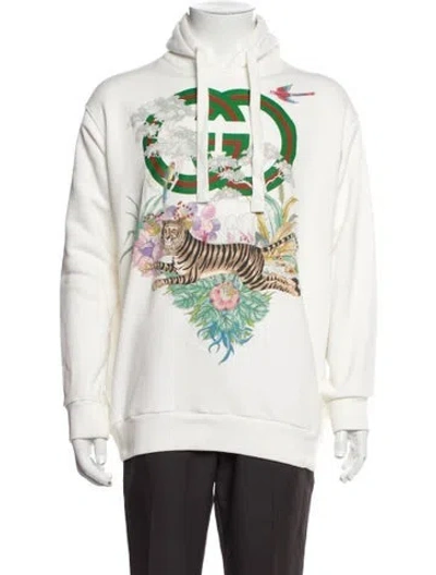 Pre-owned Gucci Web Accent Graphic Print Hoodie In White