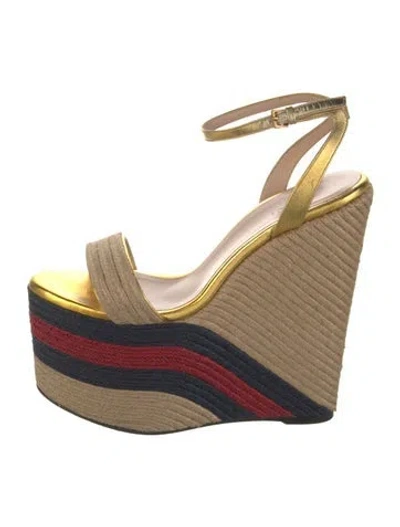Pre-owned Gucci Web Accent Jute Espadrilles In Gold