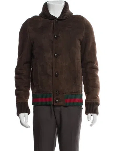 Pre-owned Gucci Web Accent Lamb Leather Bomber Jacket In Brown