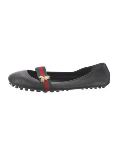 Pre-owned Gucci Web Accent Leather Ballet Flats In Black