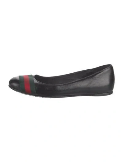 Pre-owned Gucci Web Accent Leather Ballet Flats In Black