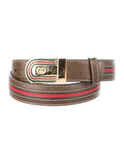 Pre-owned Gucci Web Accent Leather Belt W/ Tags In Brown