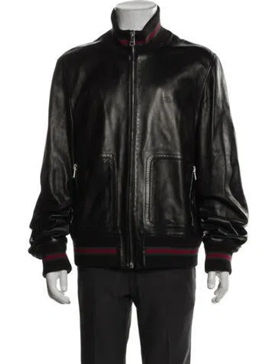 Pre-owned Gucci Web Accent Leather Bomber Jacket In Black