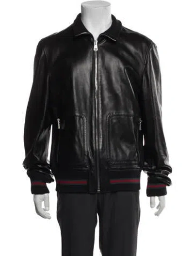 Pre-owned Gucci Web Accent Leather Bomber Jacket In Black
