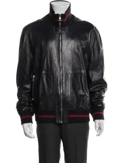 Pre-owned Gucci Web Accent Leather Bomber Jacket In Blue