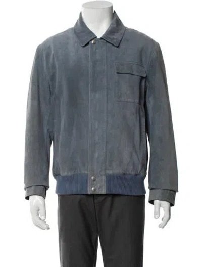 Pre-owned Gucci Web Accent Leather Bomber Jacket In Blue