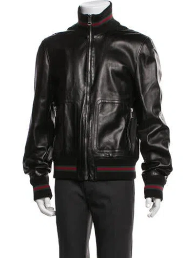 Pre-owned Gucci Web Accent Leather Bomber Jacket In Blue