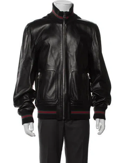 Pre-owned Gucci Web Accent Leather Bomber Jacket In Brown