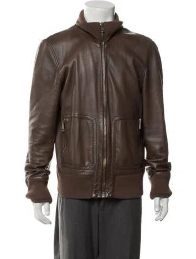Pre-owned Gucci Web Accent Leather Bomber Jacket In Brown