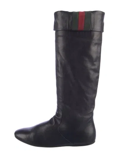 Pre-owned Gucci Web Accent Leather Boots In Black
