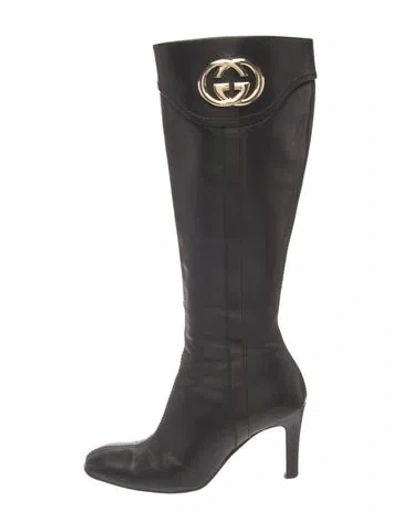 Pre-owned Gucci Web Accent Leather Boots In Black