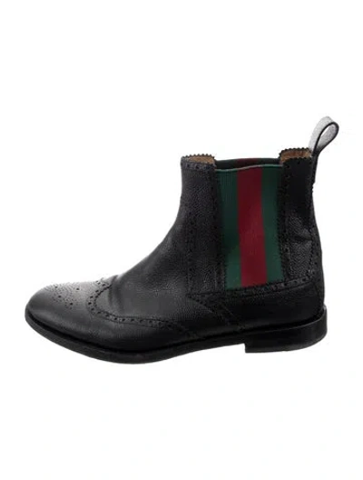 Pre-owned Gucci Web Accent Leather Chelsea Boots In Black