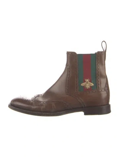 Pre-owned Gucci Web Accent Leather Chelsea Boots In Brown