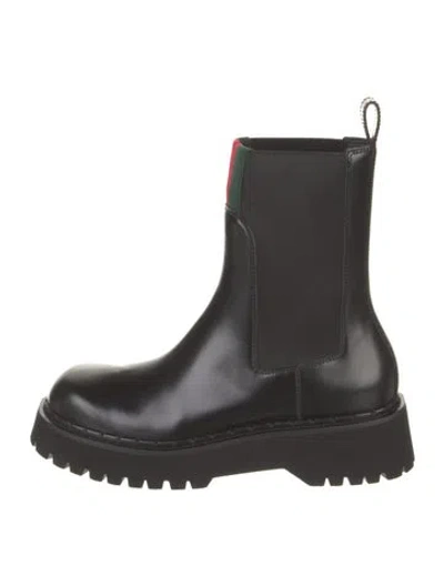 Pre-owned Gucci Web Accent Leather Chelsea Boots W/ Tags In Black
