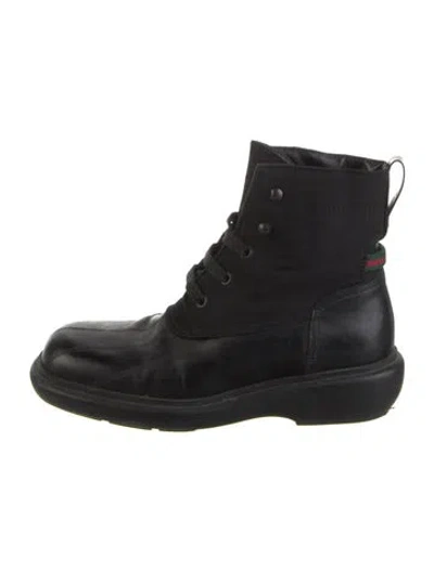 Pre-owned Gucci Web Accent Leather Combat Boots In Black