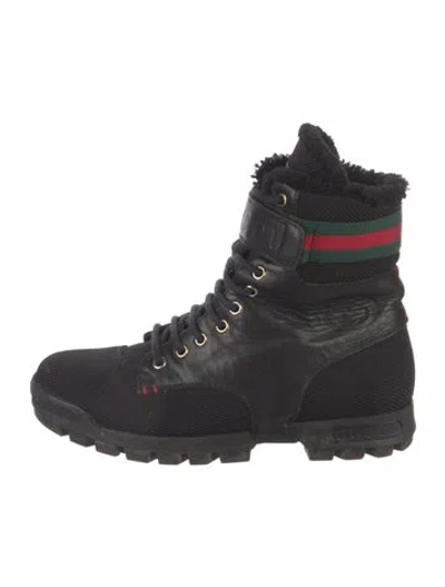 Pre-owned Gucci Web Accent Leather Combat Boots In Black
