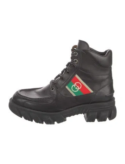 Pre-owned Gucci Web Accent Leather Combat Boots In Black