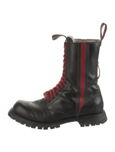 Pre-owned Gucci Web Accent Leather Combat Boots In Black