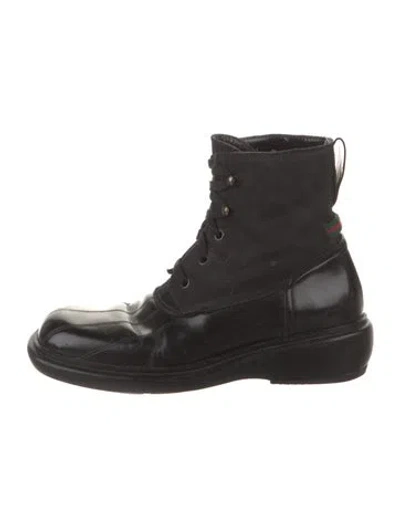 Pre-owned Gucci Web Accent Leather Combat Boots In Black