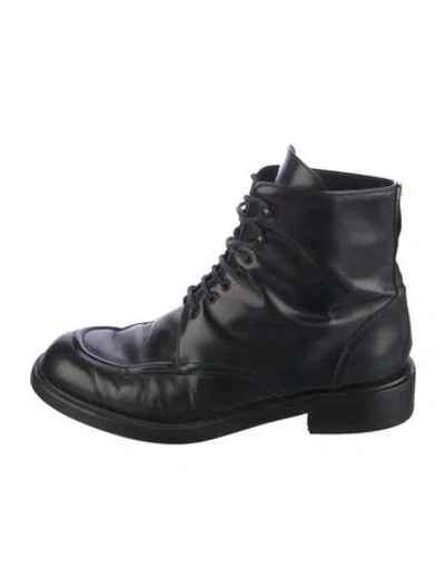 Pre-owned Gucci Web Accent Leather Combat Boots In Black