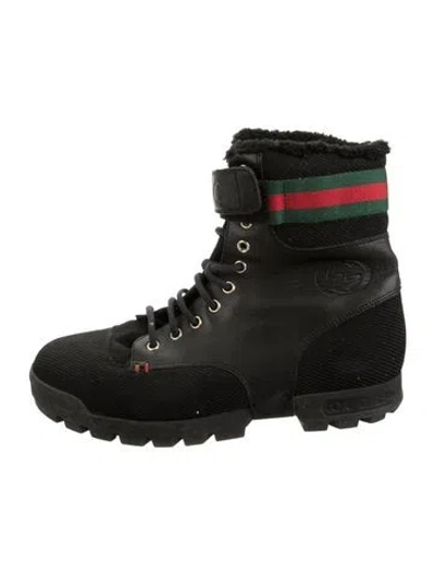 Pre-owned Gucci Web Accent Leather Combat Boots In Black