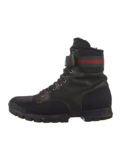 Pre-owned Gucci Web Accent Leather Combat Boots In Blue